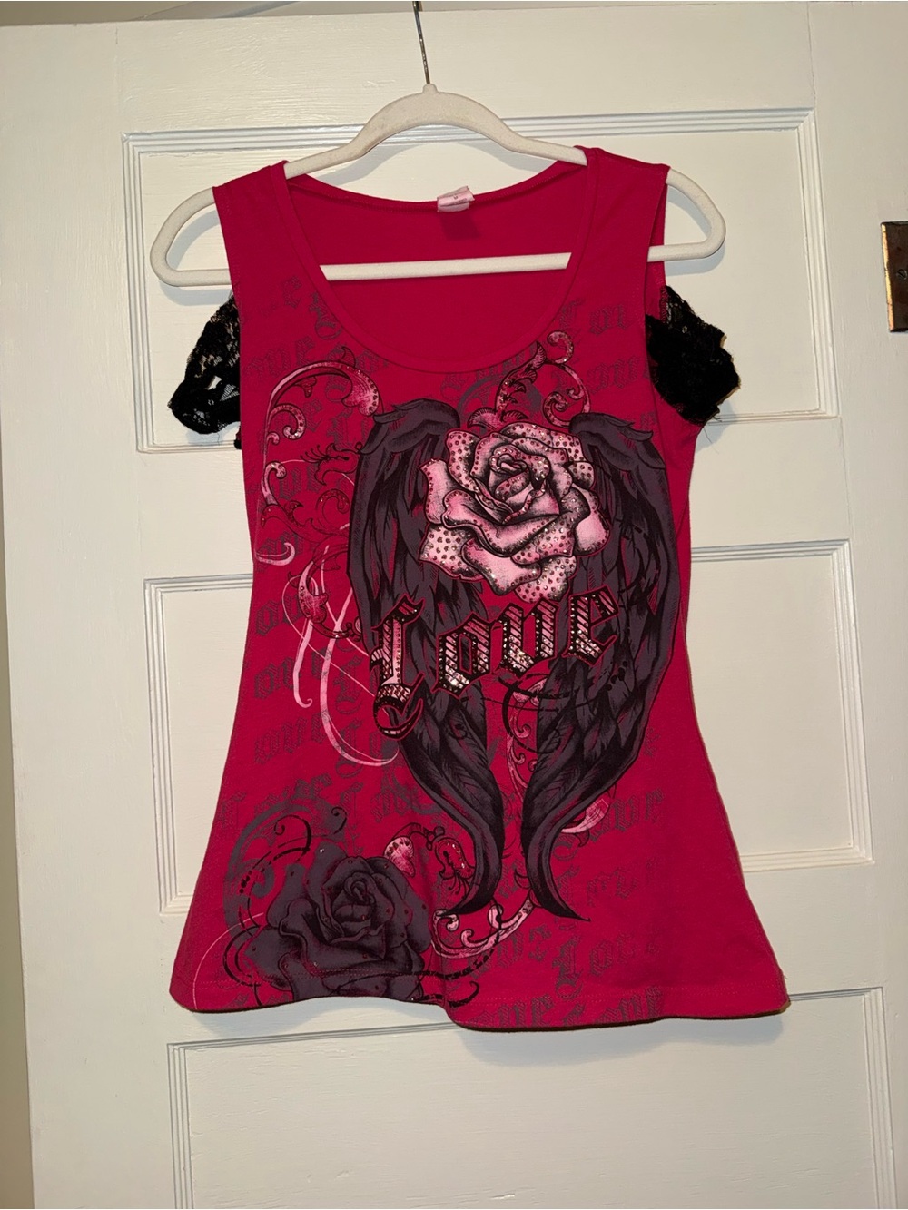 Y2K lace off shoulder  rhinestone love rose tank top